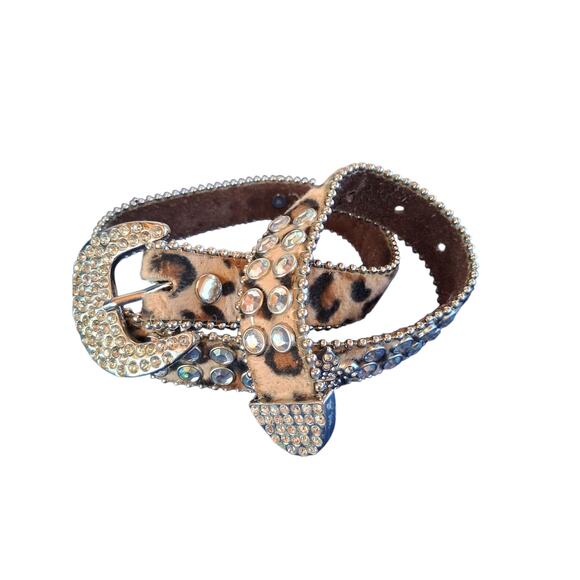 Nacona Leather Girls size 22 Western Rhinestone Bling Leopard Print Cowgirl Belt - Picture 1 of 10